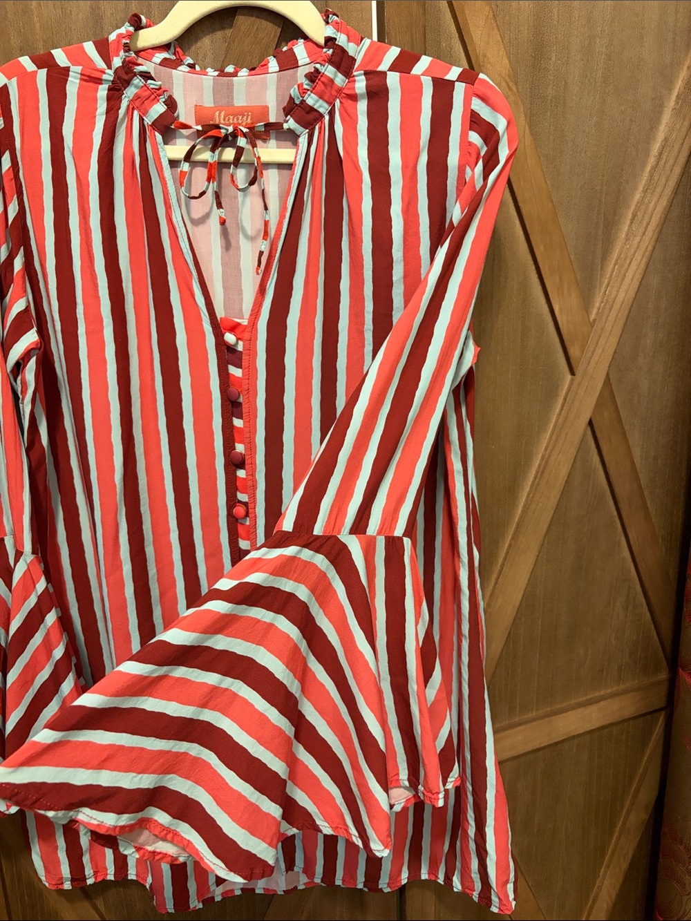 MAAJI Striped Bell Sleeve Tunic Cover Up Dress Ruffle Collar SIZE LARGE